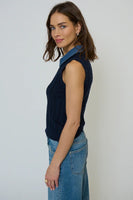 Central Park West Clothing Dash Denim Collared Shell Style CF25-10071S in Navy; Denim Collar Sleeveless Knit Shell Top