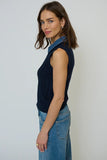 Central Park West Clothing Dash Denim Collared Shell Style CF25-10071S in Navy; Denim Collar Sleeveless Knit Shell Top