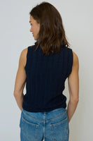 Central Park West Clothing Dash Denim Collared Shell Style CF25-10071S in Navy; Denim Collar Sleeveless Knit Shell Top