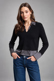 Central Park West Clothing Devon Charmeuse Twofer Layered Top Style CH26-10802S in Black; Layered Ribbed V-Neck Twofer Top.  Black Layered Ribbed Top