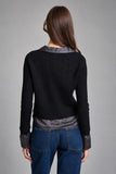 Central Park West Clothing Devon Charmeuse Twofer Layered Top Style CH26-10802S in Black; Layered Ribbed V-Neck Twofer Top.  Black Layered Ribbed Top