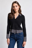 Central Park West Clothing Devon Charmeuse Twofer Layered Top Style CH26-10802S in Black; Layered Ribbed V-Neck Twofer Top.  Black Layered Ribbed Top