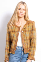 Central Park West Clothing Georgia Tweed Vegan Accent Jacket Style CF23-2505W in Camel;Tweed Jacket; 