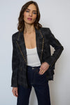 Central Park West Clothing Jay Plaid Studded Jacket Style CF25-20073W in black plaid;Plaid Blazer with stud embellishments; 