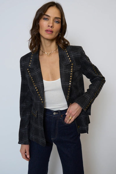 Central Park West Clothing Jay Plaid Studded Jacket Style CF25-20073W in black plaid;Plaid Blazer with stud embellishments; 