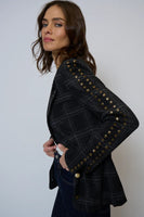 Central Park West Clothing Jay Plaid Studded Jacket Style CF25-20073W in black plaid;Plaid Blazer with stud embellishments; 