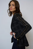 Central Park West Clothing Jay Plaid Studded Jacket Style CF25-20073W in black plaid;Plaid Blazer with stud embellishments; 