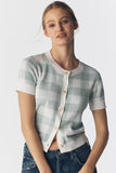 Central Park West Clothing Laurel Gingham Jacquard Cardigan, Style CS26-10473S in Sage. cotton viscose blend sage green gingham sort sleeve spring cardigan top