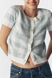 Central Park West Clothing Laurel Gingham Jacquard Cardigan, Style CS26-10473S in Sage. cotton viscose blend sage green gingham sort sleeve spring cardigan top