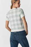 Central Park West Clothing Laurel Gingham Jacquard Cardigan, Style CS26-10473S in Sage. cotton viscose blend sage green gingham sort sleeve spring cardigan top