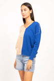 Central Park West Clothing Mallory Color Block Sweater Style CS24-1298S in Blue;Color block Sweater;Whip Stitch Color Block Sweater; 