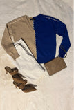 Central Park West Clothing Mallory Color Block Sweater Style CS24-1298S in Blue;Color block Sweater;Whip Stitch Color Block Sweater; 