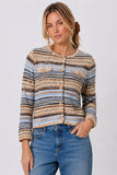 Central Park West Clothing Marlon Textured Stitch Cardigan Style CU26-10625S in Brown Blue Multi; Woman wearing the Marlon textured striped button-front cardigan with blue jeans.