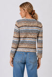 Central Park West Clothing Marlon Textured Stitch Cardigan Style CU26-10625S in Brown Blue Multi; Woman wearing the Marlon textured striped button-front cardigan with blue jeans.