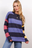 Central Park West Clothing Mia Oversized Crew Style CF23-1095S in Blue Multi;Women's Oversized Striped Crew Neck Sweater;Central Park West Oversized Sweater;Striped Over-sized Sweater; 