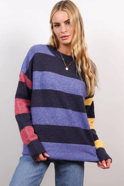 Central Park West Clothing Mia Oversized Crew Style CF23-1095S in Blue Multi;Women's Oversized Striped Crew Neck Sweater;Central Park West Oversized Sweater;Striped Over-sized Sweater; 