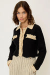 Central Park West Clothing Rose Scallop Edge Sweater Style CU25-10042S in Black With Tan; Scalloped Hem Contrast Trim Button Front Cardigan Sweater