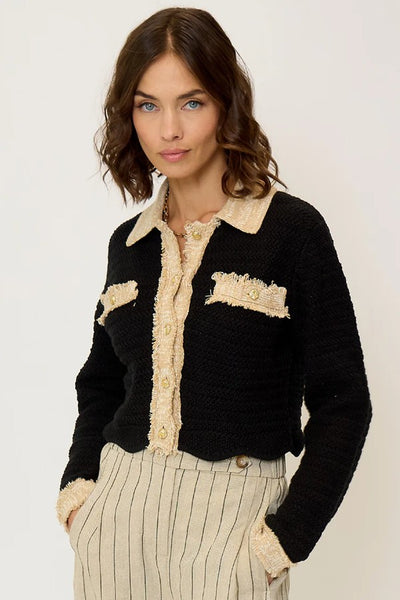 Central Park West Clothing Rose Scallop Edge Sweater Style CU25-10042S in Black With Tan; Scalloped Hem Contrast Trim Button Front Cardigan Sweater