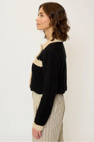 Central Park West Clothing Rose Scallop Edge Sweater Style CU25-10042S in Black With Tan; Scalloped Hem Contrast Trim Button Front Cardigan Sweater
