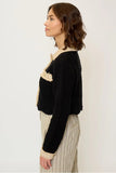 Central Park West Clothing Rose Scallop Edge Sweater Style CU25-10042S in Black With Tan; Scalloped Hem Contrast Trim Button Front Cardigan Sweater