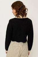 Central Park West Clothing Rose Scallop Edge Sweater Style CU25-10042S in Black With Tan; Scalloped Hem Contrast Trim Button Front Cardigan Sweater