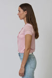 Central Park West Clothing  Serena Sheer Cardi with Cami Style CS26-10543S in Baby Pink. semi-sheer knit top, button-front with a cami underlayer top