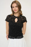 Central Park West Clothing Stella Ruched Lace Top Style CH25-10348K in Black; Short Sleeve Keyhole Front Lace Top, Night Out Top, Layering Lace Top