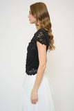 Central Park West Clothing Stella Ruched Lace Top Style CH25-10348K in Black; Short Sleeve Keyhole Front Lace Top, Night Out Top, Layering Lace Top