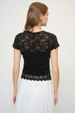 Central Park West Clothing Stella Ruched Lace Top Style CH25-10348K in Black; Short Sleeve Keyhole Front Lace Top, Night Out Top, Layering Lace Top