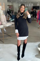 Central Park West Clothing Sutton Sweater Shirting Dress style CF23-3035S in Black;layered sweater dress;layered sweater shirt dress; 