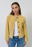 Central Park West NY Clothing Ophelia Suede Lady Jacket Style CS26-20203W in Butter; Real Suede Lady Jacket; Collarless Real Suede Spring Lady Jacket