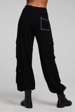 A pair of Chaser Billy Shadow Black Jogger Pants featuring contrast stitching, side cargo pockets, an elastic waist, and deep front pockets. The joggers are shown paired with the matching Cooper Shadow Black Top, creating a stylish and comfortable ensemble. Style Number CW9769-SHDW