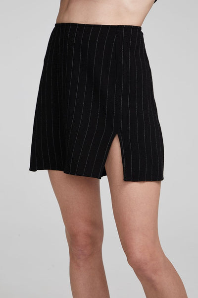 Chaser Kiss Beverly Pinstripe Mini Skirt - A versatile and timeless pinstriped skirt, perfect for transitioning from professional settings to evening outings. Tailored silhouette, classic design.  Style Number CW9758-BVLYPSTP