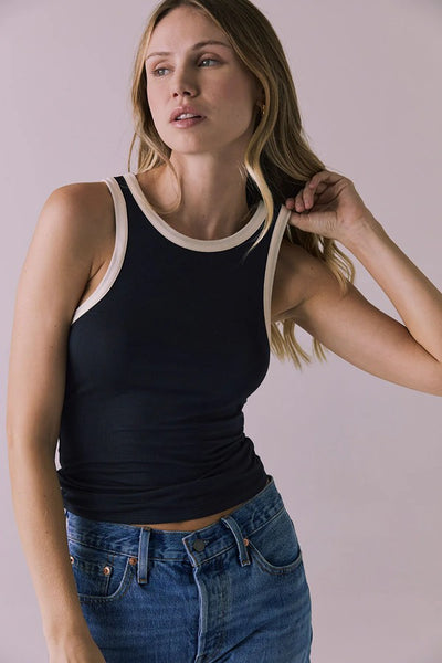 Chaser Brand Clothing Tavira Licorice Black Midi Skirt Style CWA567-LICRCE in Licorice Black;Chaser Brand Clothing Lisbon Licorice Tank Style CW565-Licrce in Licorice; 