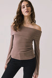 Chaser Brand Clothing Pixie Deep Taupe Long Sleeve Style CWA697-DPTP in Deep Taupe; Ribbed Off the shoulder Fold-over Fall Top; 