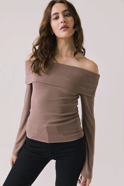 Chaser Brand Clothing Pixie Deep Taupe Long Sleeve Style CWA697-DPTP in Deep Taupe; Ribbed Off the shoulder Fold-over Fall Top; 
