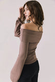 Chaser Brand Clothing Pixie Deep Taupe Long Sleeve Style CWA697-DPTP in Deep Taupe; Ribbed Off the shoulder Fold-over Fall Top; 