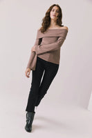 Chaser Brand Clothing Pixie Deep Taupe Long Sleeve Style CWA697-DPTP in Deep Taupe; Ribbed Off the shoulder Fold-over Fall Top; 