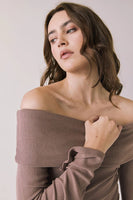 Chaser Brand Clothing Pixie Deep Taupe Long Sleeve Style CWA697-DPTP in Deep Taupe; Ribbed Off the shoulder Fold-over Fall Top; 