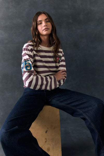 Chaser Brand Clothing The Rolling Stones Rugby Stones Logo Long Sleeve – Striped Crop Pullover Style CW9260-RST089-RugbyStp;Rugby Rolling Stones Top; 