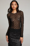 Chaser Clothing Kevin Licorice Long Sleeve – Sheer Lace Knit Top Style CWA256-LICRCE in Black, Sheer Black Lace Top, Night Out Top, Sheer Layering Top