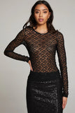 Chaser Clothing Kevin Licorice Long Sleeve – Sheer Lace Knit Top Style CWA256-LICRCE in Black, Sheer Black Lace Top, Night Out Top, Sheer Layering Top