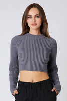 Cotton Candy LA Cropped Wide Rib Crew Neck Sweater STyle CS-12547 in Pewter;cropped ribbed sweater;grey cropped sweater