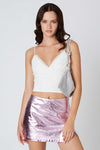 Cotton Candy LA Metallic Mid Rise Mini Skirt with slit  Style CP-12540 in Pink;metallic mini skirt;mid rise mini skirt;shorts line mini skirt