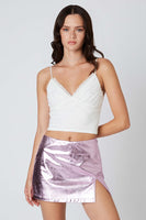 Cotton Candy LA Metallic Mid Rise Mini Skirt with slit  Style CP-12540 in Pink;metallic mini skirt;mid rise mini skirt;shorts line mini skirt