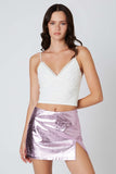 Cotton Candy LA Metallic Mid Rise Mini Skirt with slit  Style CP-12540 in Pink;metallic mini skirt;mid rise mini skirt;shorts line mini skirt