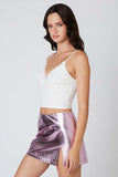 Cotton Candy LA Metallic Mid Rise Mini Skirt with slit  Style CP-12540 in Pink;metallic mini skirt;mid rise mini skirt;shorts line mini skirt