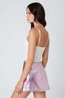 Cotton Candy LA Metallic Mid Rise Mini Skirt with slit  Style CP-12540 in Pink;metallic mini skirt;mid rise mini skirt;shorts line mini skirt