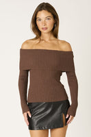 Folded Muse sweater, ribbed knit sweater, off-the-shoulder sweater, fold-over neckline, cozy fall sweater, boutique chic sweater, women’s contemporary fashion, layering sweater, stylish knitwear, relaxed fit sweater.