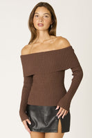 Folded Muse sweater, ribbed knit sweater, off-the-shoulder sweater, fold-over neckline, cozy fall sweater, boutique chic sweater, women’s contemporary fashion, layering sweater, stylish knitwear, relaxed fit sweater.